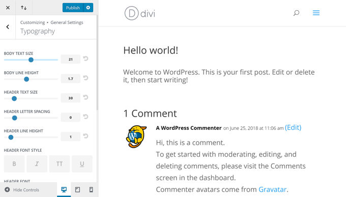 Divi Divi customizer
