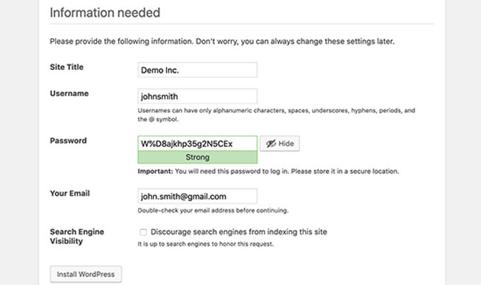 Enter Wordpress data during install 2 Enter Wordpress data during install 2