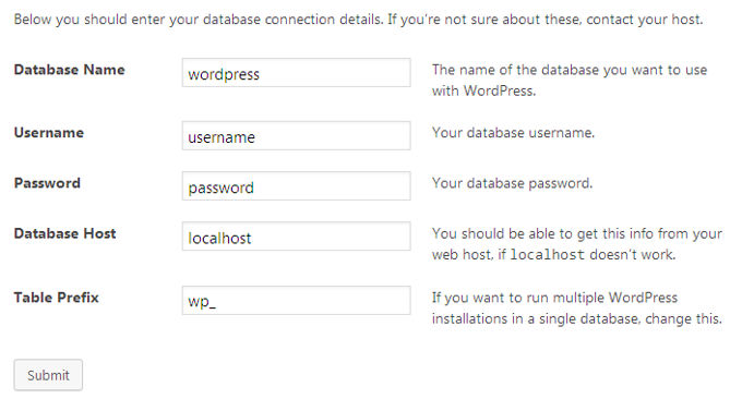 Enter Wordpress data during install Enter Wordpress data during install