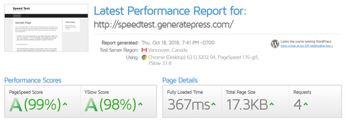 GeneratePress GTmetrix speed test results