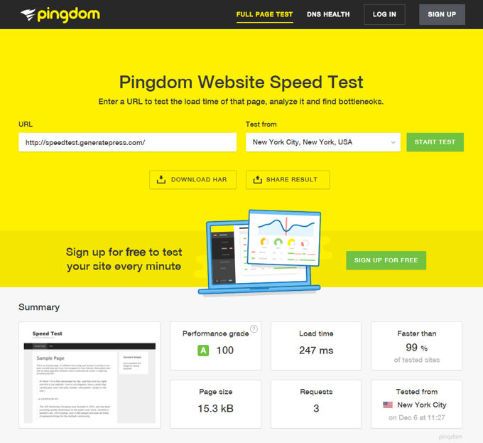GeneratePress Pingdom speed test results