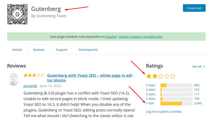 Gutenberg ratings and user feedback on WordPress plugin page