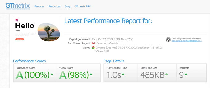 Hello Elementor speed test with WP-Rocket plugin