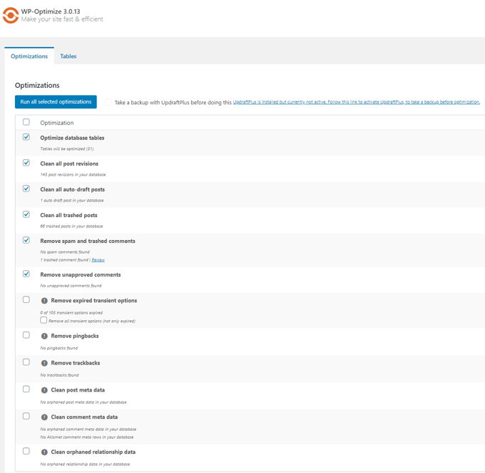 WP-Optimize clean database WP-Optimize clean database