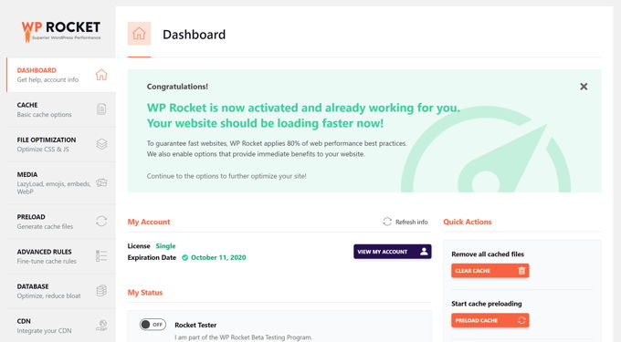 WP-Rocket clear dashboard WP-Rocket review clear dashboard